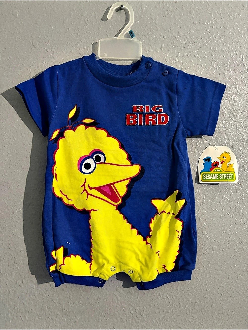 Vintage Sesame Street Big Bird Baby 12M Blue Romper NWT